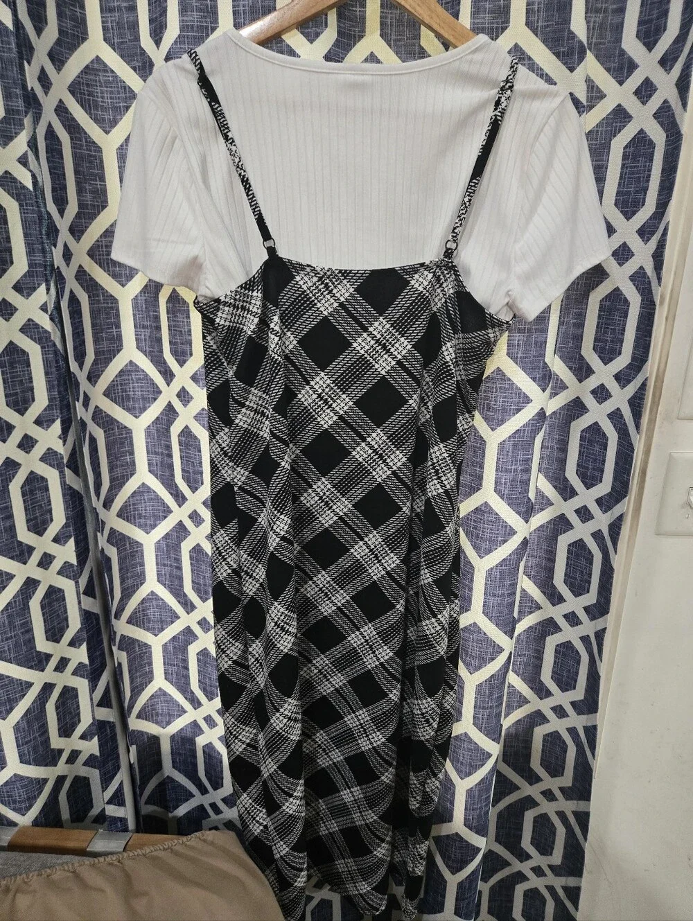 No Boundaries White Ribbed Tank with Navy Plaid Slip Accent